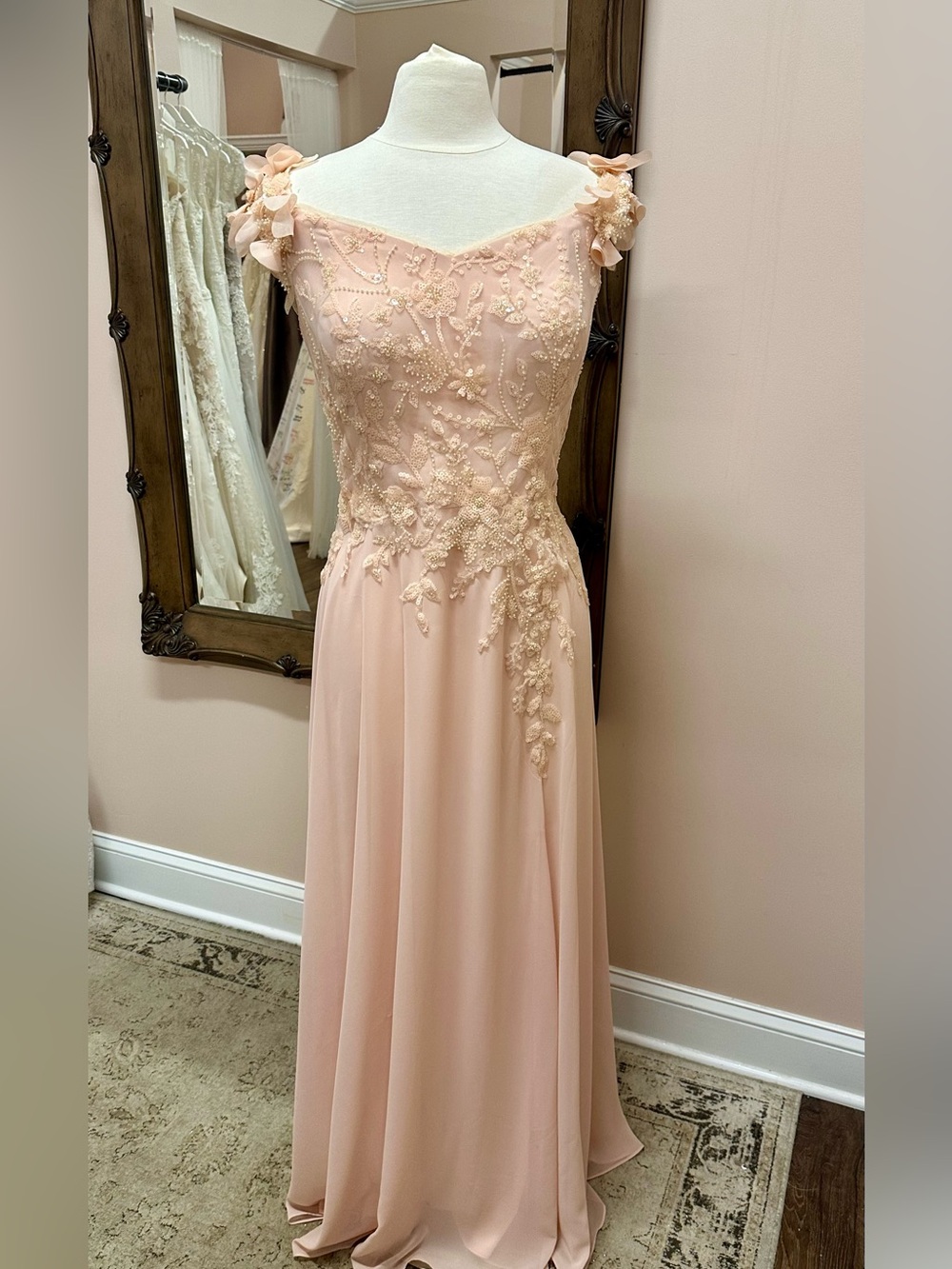 Soft Peach Chiffon floral appliqué Off-Shoulder Gown. Size 10